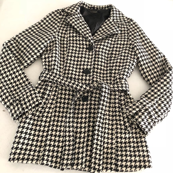 Joujou Houndstooth Pea Coat Wool Blend 
